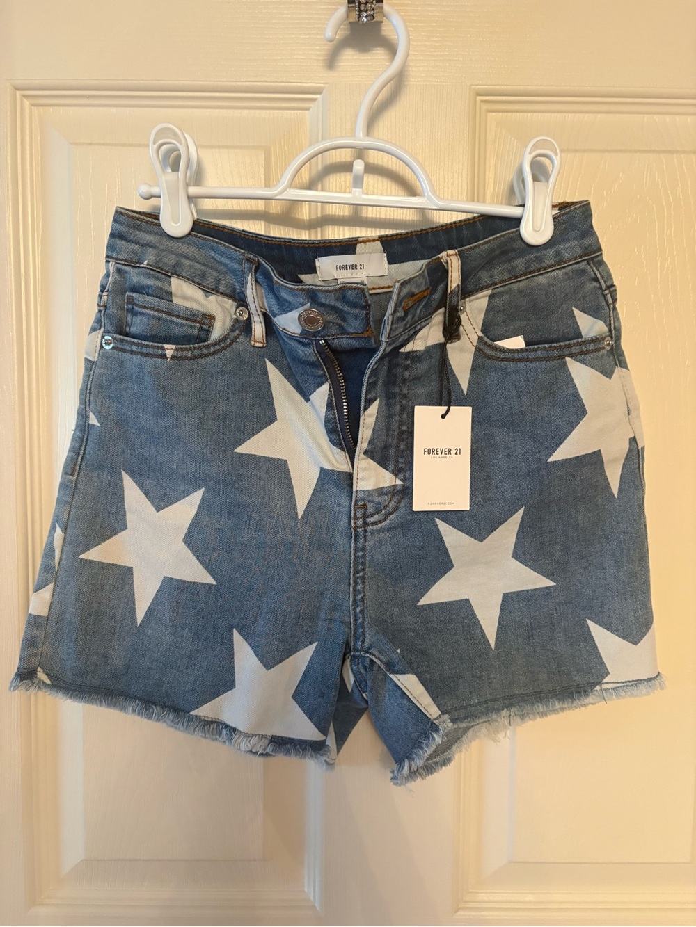 Forever 21 White Star-Print Blue Denim Shorts